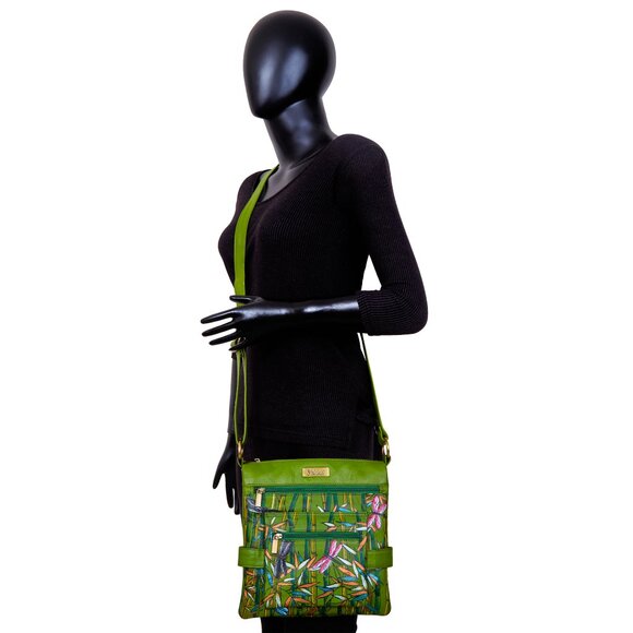 Hand-Painted Leather Women Green Multi-Compartment Crossbody Sling Bag - Picture 8 of 8